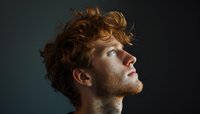 Young caucasian man with ginger curly hair and beard in dramatic side profile lighting against dark background, looking up with hopeful expression. Artistic portrait.