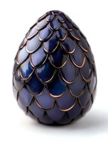 Dark blue dragon egg with metallic copper-edged scales arranged in overlapping pattern on white background, fantasy concept art suitable for gaming and book cover designs.
