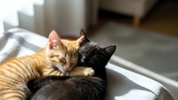 Two adorable kittens cuddling together on soft bedding in warm sunlight streaming through window creating cozy domestic scene for pet lovers and animal themes.