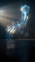 Digital shield with flowing light trails representing cybersecurity protection and data flow in futuristic technology concept for business security solutions.
