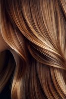 Close-up of smooth flowing brown hair with caramel and blonde highlights showing natural shine and movement, suitable for hair care and beauty advertising.