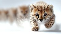 Adorable cheetah cub with spotted fur and bright blue eyes lying on white surface, wildlife photography concept for educational and conservation materials.