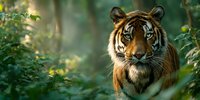 Majestic Bengal tiger with intense gaze emerging from lush green forest undergrowth in soft natural light.