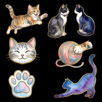 Colorful cat illustrations including tabby, black and white, blue felines, smiling face, paw print, yarn ball, and stretching poses. Isolated on transparent background, ready for t-shirts, stickers, clipart, sublimation, and print-on-demand designs.