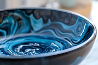 Macro shot of decorative ceramic bowl with swirling blue glaze pattern and ripple effect texture, showcasing artisanal craftsmanship and artistic detail.