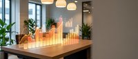 Glowing holographic business chart with upward arrow displaying growth analytics on modern office desk with plants and pendant lighting for presentations.