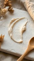 Creamy skincare product swatched on white surface with wooden applicator and dried botanicals, showcasing cosmetic texture for beauty and wellness marketing.
