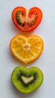 Heart-shaped fruit slices of tomato, orange, and kiwi arranged vertically on white background, creating colorful healthy food composition.