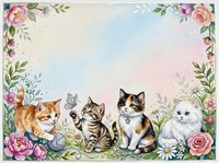 Adorable kittens sitting in floral frame with roses and leaves on pastel background for greeting cards, nursery decor and pet-themed designs.
