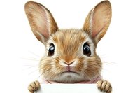 Adorable brown bunny rabbit with large ears peeking over blank white banner, isolated on white background for greeting cards and holiday designs.