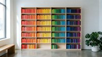 Colorful rainbow bookshelf with organized books by color creating vibrant library wall display for modern interior design and home organization concepts.