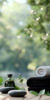 Spa composition with massage stones, essential oil bottle, rolled towels and green leaves on wooden surface against blurred natural background with bokeh.