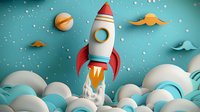 Creative paper art style rocket launch through clouds against turquoise sky with planets and stars, perfect for business startup concepts and children's book illustrations.