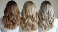 Three women with long wavy hair showing different blonde shades from warm caramel to platinum, viewed from behind against neutral background. Hair salon color palette.