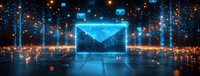 Glowing digital envelope icon floating in futuristic cyber environment with blue light beams and particles, representing electronic communication and data transfer.