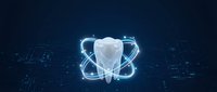 Futuristic dental care concept with glowing tooth surrounded by digital orbital rings on dark technology background for medical presentations.