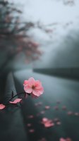 Delicate pink flower blooming in moody foggy atmosphere with scattered petals on dark reflective surface. Artistic macro photography with soft focus background.
