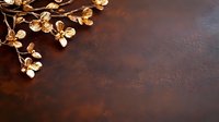 Golden metallic flowers branch on dark rustic brown background with copy space. Elegant floral arrangement creates luxurious contrast for design layouts.