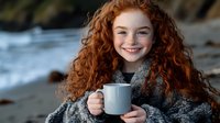 Young redhead woman with natural curly hair holding white mug at rocky beach, wearing cozy grey sweater, genuine smile and freckles, enjoying peaceful moment.