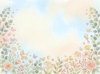 Watercolor floral border with baby carriages, balloons, and botanical elements on isolated white background, suitable for nursery designs and greeting cards.