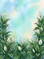 Watercolor peace lily plants with white flowers creating natural border frame on soft blue green background for spring botanical design projects.
