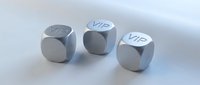 Three metallic dice displaying VIP text on white surface representing luxury gaming, exclusive membership and premium service concepts for business marketing.