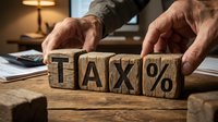 Tax percentage concept with male hands arranging wooden blocks displaying tax symbol on office desk with calculator and documents for accounting and financial planning.