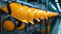 Row of yellow safety hard hats with protective ear muffs hanging in industrial facility, creating repetitive pattern with selective focus and bokeh effect.