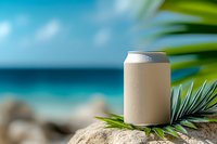 Refreshing coconut water in aluminum can on tropical beach sand with palm leaves and turquoise ocean background for summer vacation beverage marketing.