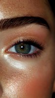 Close-up macro shot of eye with long eyelashes, shimmering eyeshadow and glowing dewy skin showing natural beauty makeup application technique.
