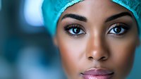 Young African American female medical professional wearing surgical cap, close-up portrait with soft bokeh background showing confidence and expertise in healthcare setting.