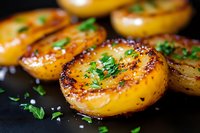 Caramelized baby potatoes with fresh herbs and sea salt on dark background, macro food photography showing golden crispy surface and garnish.
