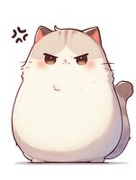 Grumpy round cat character with angry expression and fluffy white fur in kawaii anime style on isolated background, suitable for stickers and merchandise design.