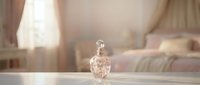 Elegant crystal perfume bottle with stopper displayed on white surface in soft-lit bedroom interior with natural window light, suitable for luxury fragrance and home decor marketing.