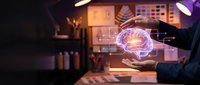 Businessman holding holographic brain projection in modern office workspace showcasing artificial intelligence and neurotechnology innovation concepts.