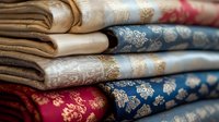 Stack of luxurious folded silk fabrics with ornate floral damask patterns in red, blue, and gold colors showing rich textile details and elegant design elements.