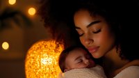 Young Hispanic mother tenderly holding sleeping newborn baby in warm golden lighting with decorative lamp creating intimate bonding moment at home.
