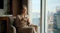 Young Caucasian woman in beige robe relaxing with coffee cup by large window overlooking city skyline at dawn, enjoying peaceful morning moment indoors.