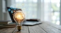 Glowing light bulb with brain inside surrounded by digital icons on wooden desk with laptop background representing innovation and creative thinking.