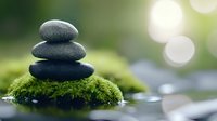 Zen stone stack balanced on green moss with soft bokeh background for meditation and wellness concepts.