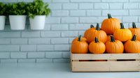 Fresh orange pumpkins in wooden crate against white brick wall background with decorative plants, autumn seasonal composition for harvest and fall decor.