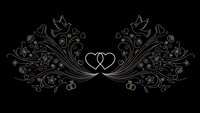 Elegant floral ornamental design with intertwined hearts centerpiece on black background. Decorative swirls, leaves and flourishes create symmetrical pattern.