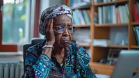 Senior African American woman wearing glasses and headscarf looking stressed while working on laptop at home, expressing worry and fatigue during remote work or online activity.