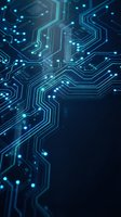 Glowing circuit board pathways with illuminated nodes and data flow connections on dark background, suitable for technology and digital innovation concepts.