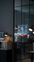 Businessman holding transparent digital interface displaying security icons and data protection symbols in modern office environment for cybersecurity solutions.