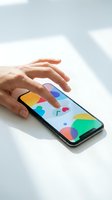 Hand touching smartphone displaying colorful abstract geometric design with vibrant circles and shapes on bright white surface with natural shadows for mobile app development.