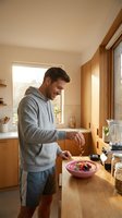 Man in gray hoodie and shorts preparing breakfast in modern kitchen, drizzling honey over colorful fruit bowl by wooden counter near window.