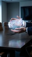 Businessman holding glowing holographic brain with neural connections in modern office, representing artificial intelligence, innovation, and digital technology solutions for business applications.