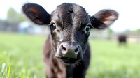 Young brown dairy calf with big curious eyes looking directly at camera in green pasture, close-up portrait showing sweet expression and wet nose.