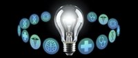 Glowing light bulb surrounded by medical and healthcare icons on dark background representing innovation in medicine and health technology solutions.